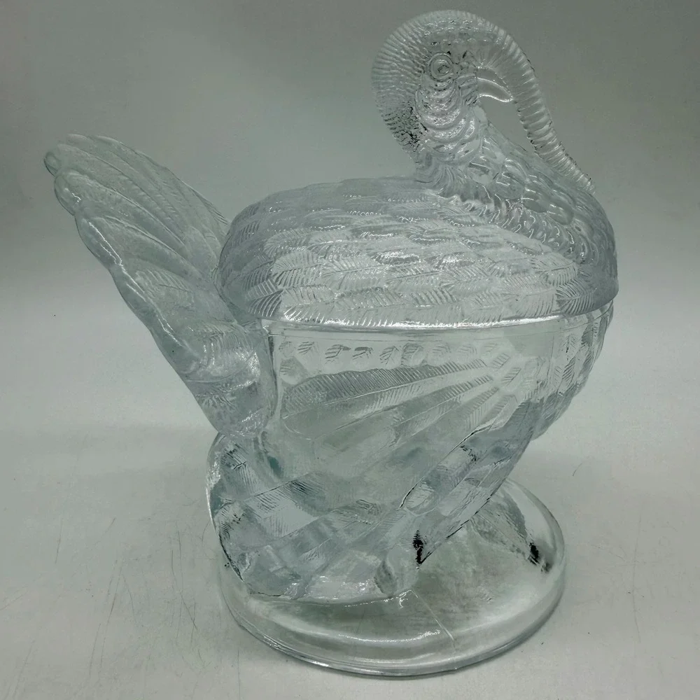Clear Pressed Glass Turkey Candy Dish Thanksgiving Lidded Centerpiece Vintage